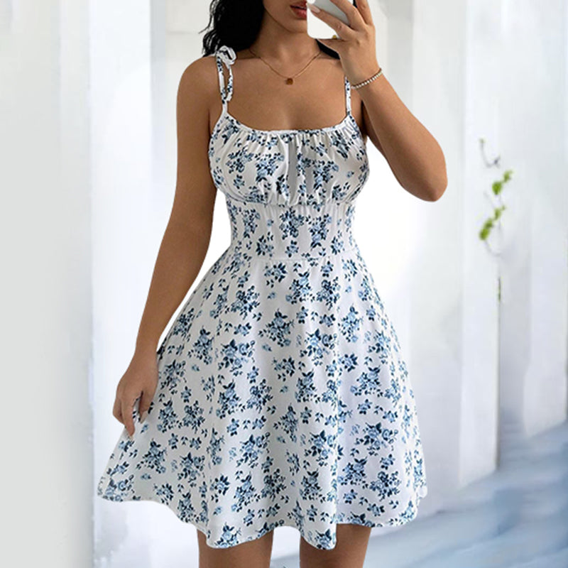 Womens Floral Mini Dress Spaghetti Strap Sleeveless Tie Shoulder Ruffle Summer Boho Dresses