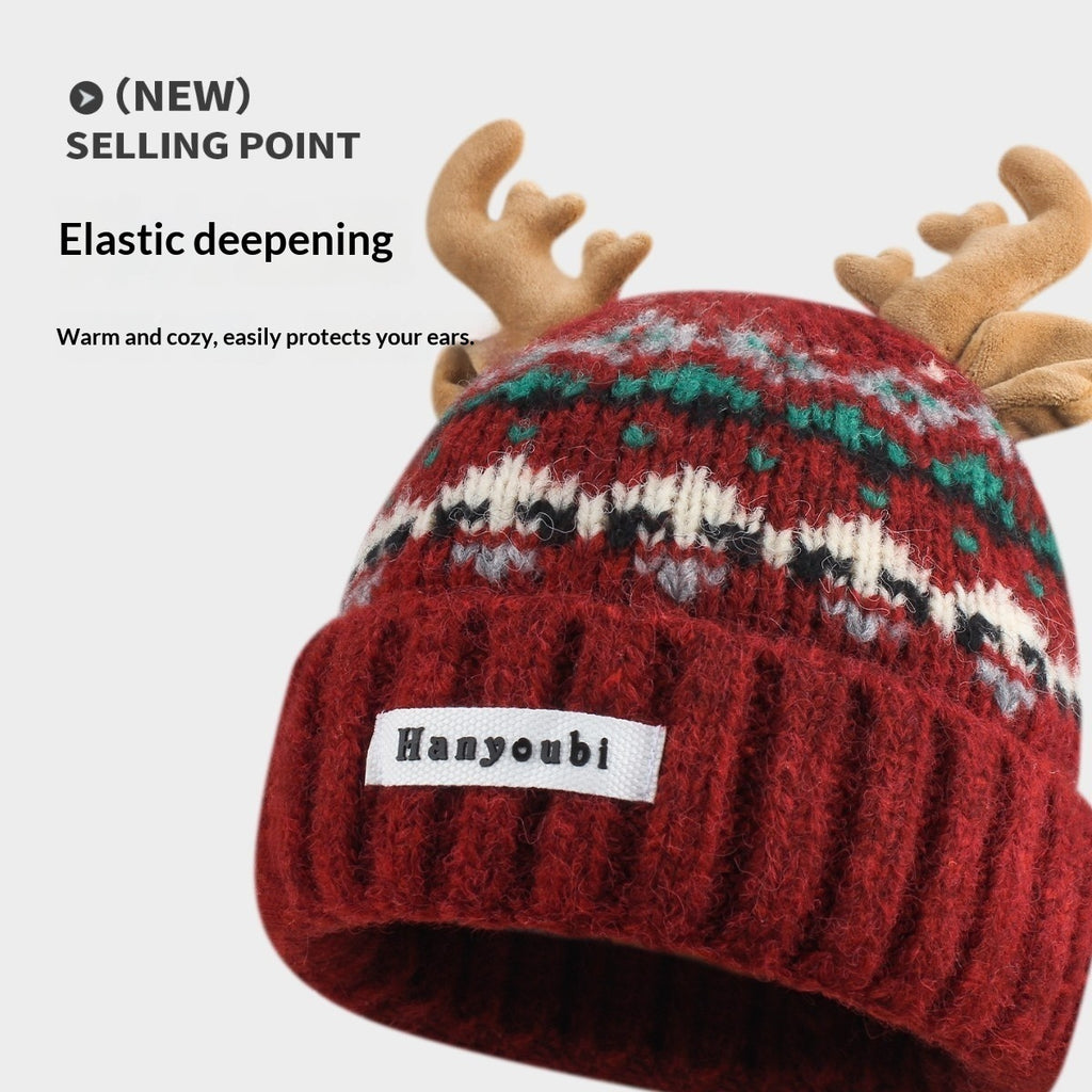 Women's Knitted Hat With Christmas Antlers Thick Warm And Adorable