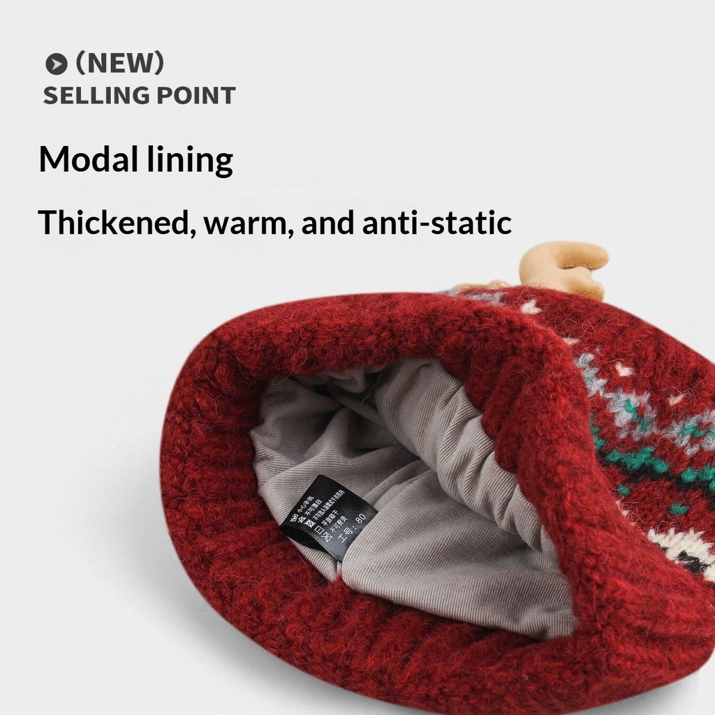 Women's Knitted Hat With Christmas Antlers Thick Warm And Adorable