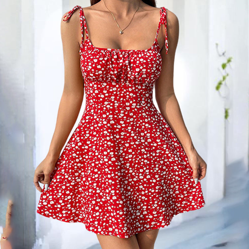 Womens Floral Mini Dress Spaghetti Strap Sleeveless Tie Shoulder Ruffle Summer Boho Dresses