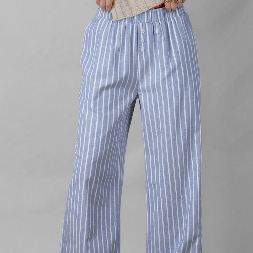 Sky Blue Stripe Buttoned Detail Loose Casual Pants