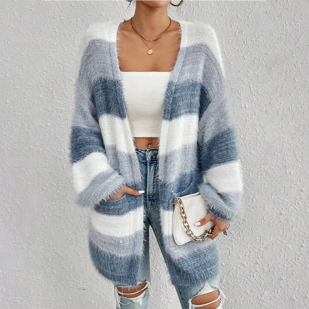 Women's Striped Colorblock Knitted Plush Coat