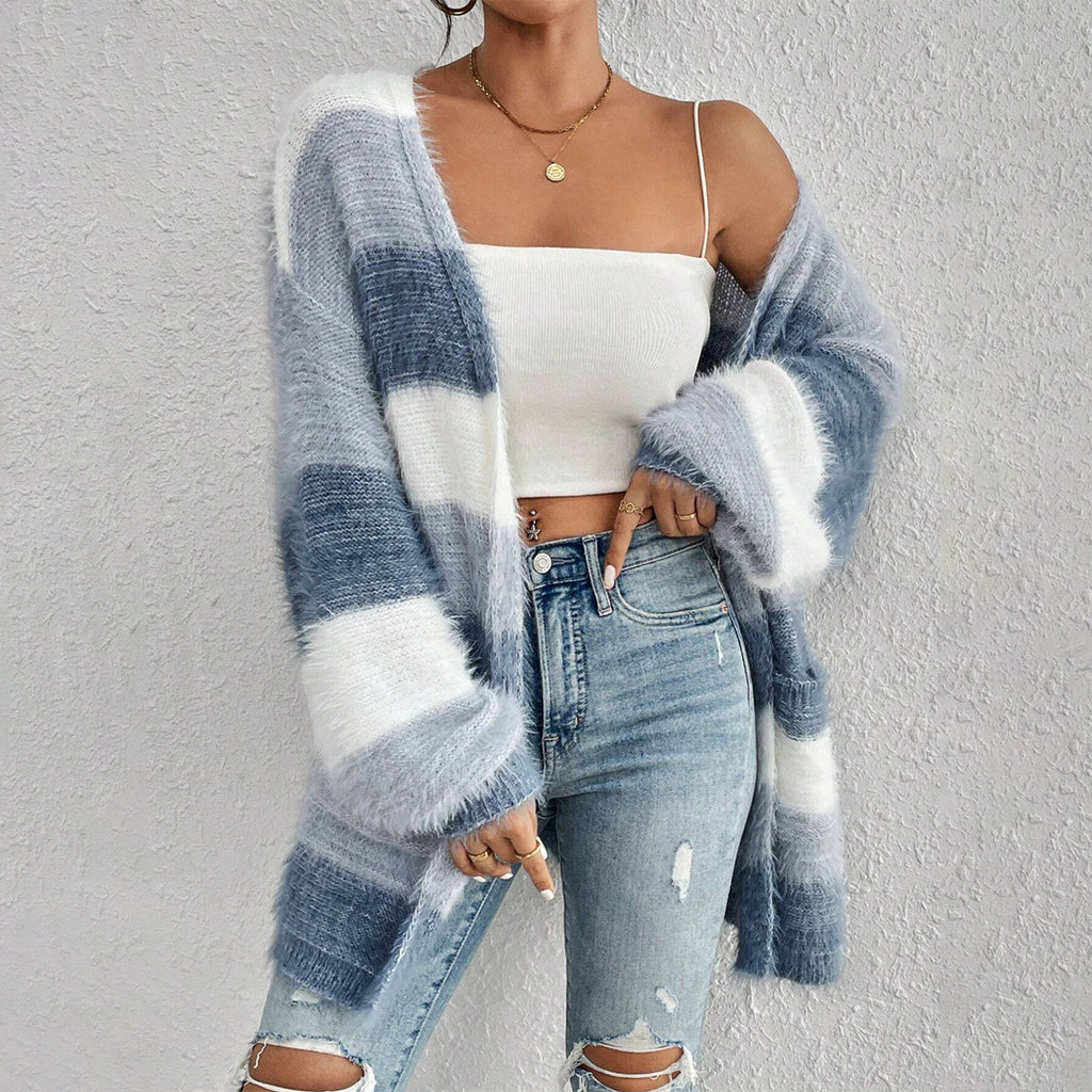 Women's Striped Colorblock Knitted Plush Coat