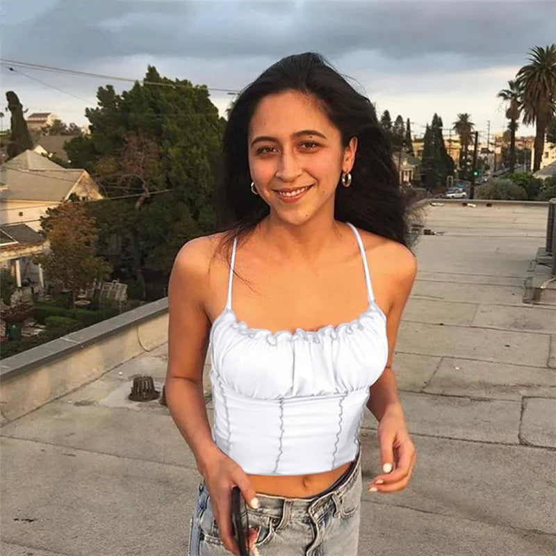 Sexy 2022 Summer Women Ruffles Tank Top Fashion Ladies Sleeveless Strapless Ruched Slim Crop Top Camisole Female Clothing Tanks