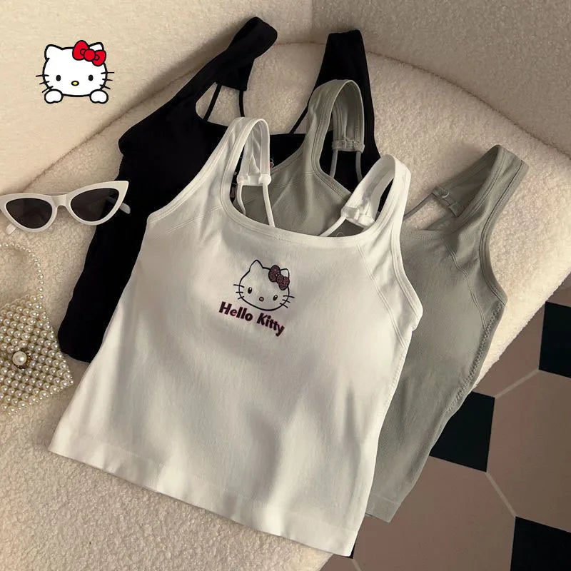 Kawaii Hellokitty Fashion Women Clothing Y2K Tops with Breast Pad Cute T-Shirt Girls Summer Cropped Tops White Sexy Suspender