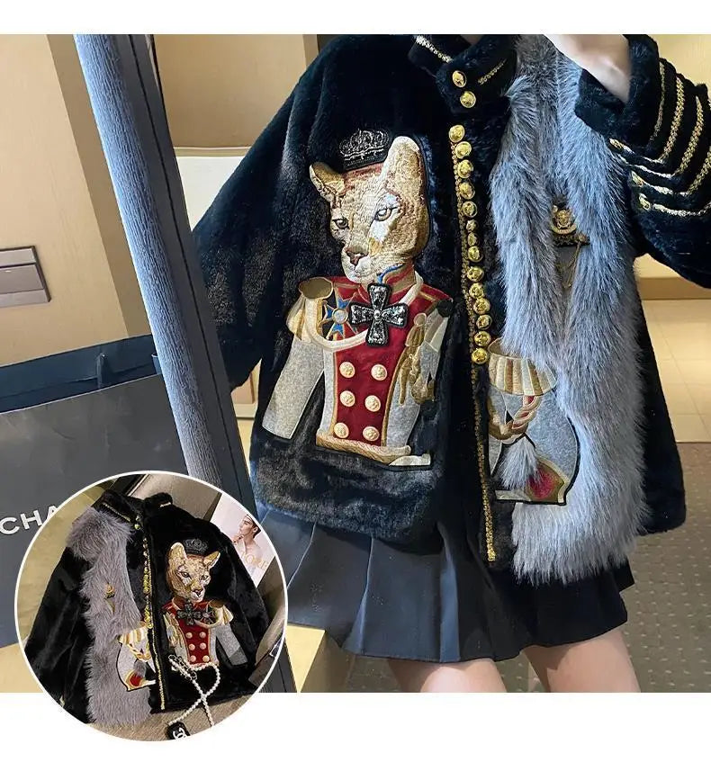 Chic Cartoon Embroidery Faux Mink Fur Faux Leather Spliced Coat Retro Metal Buttons Velvet Jacket OL Furry Cardigan Tops Jaqueta