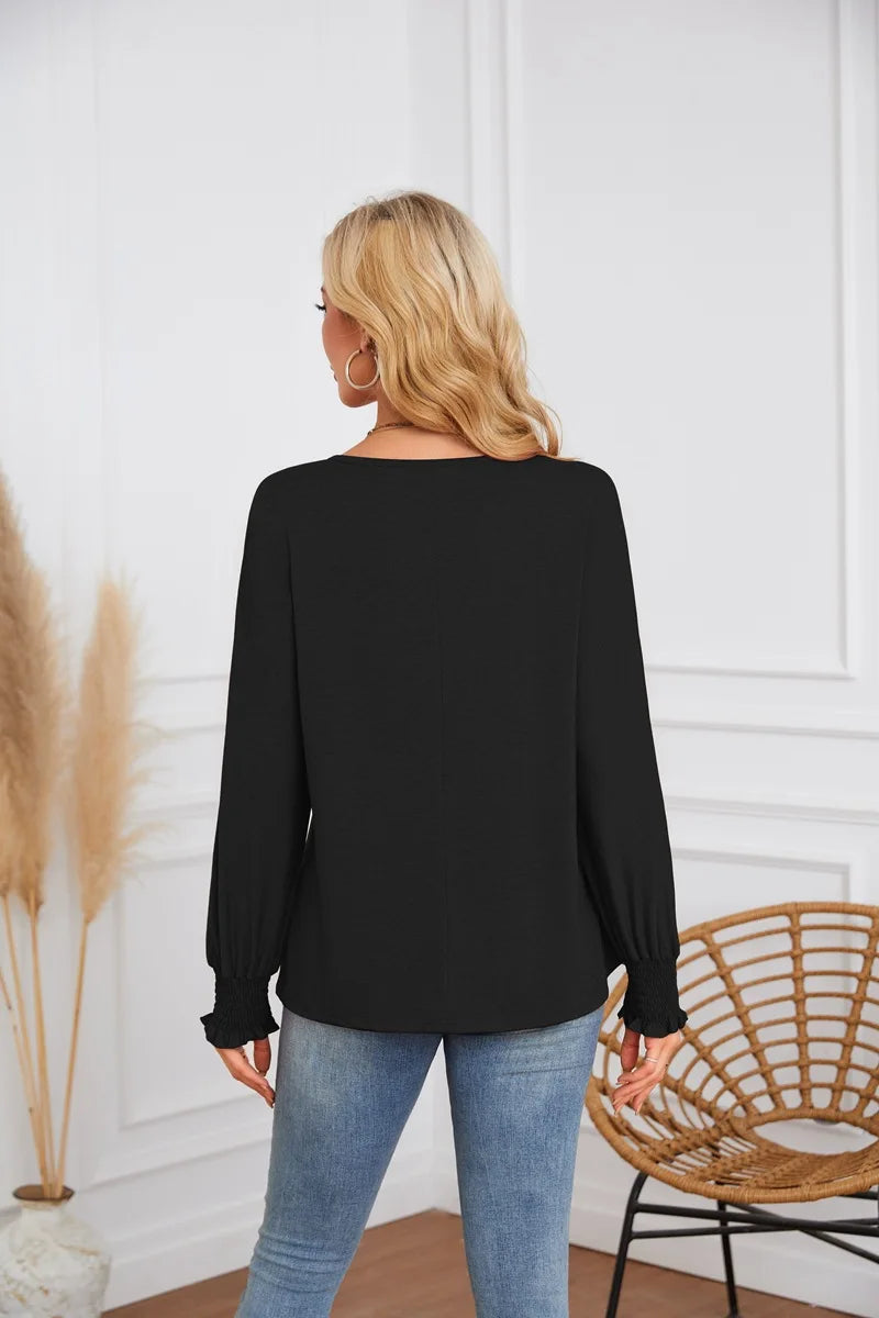 Woman Clothes Solid Color Pleated Top Round Neck Lantern Sleeves Loose Fit Multi Color Options Casual Outings Daily Wear