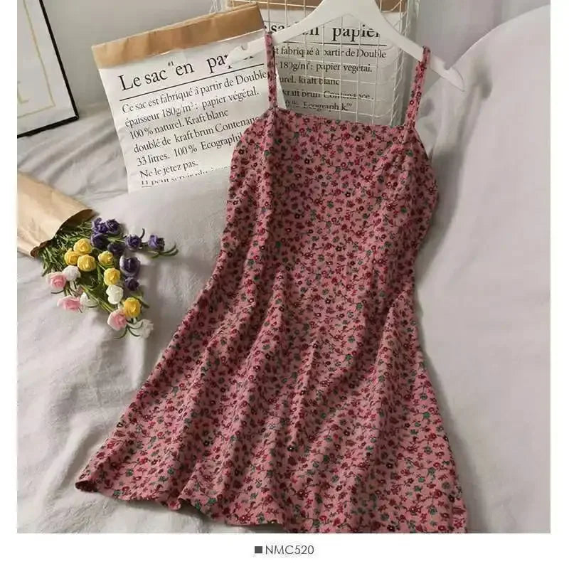 Summer New Retro Print Short Backless Dress Women High Waist Slim Sleeveless Floral Halter Skirt Mini Dress Female Fashion