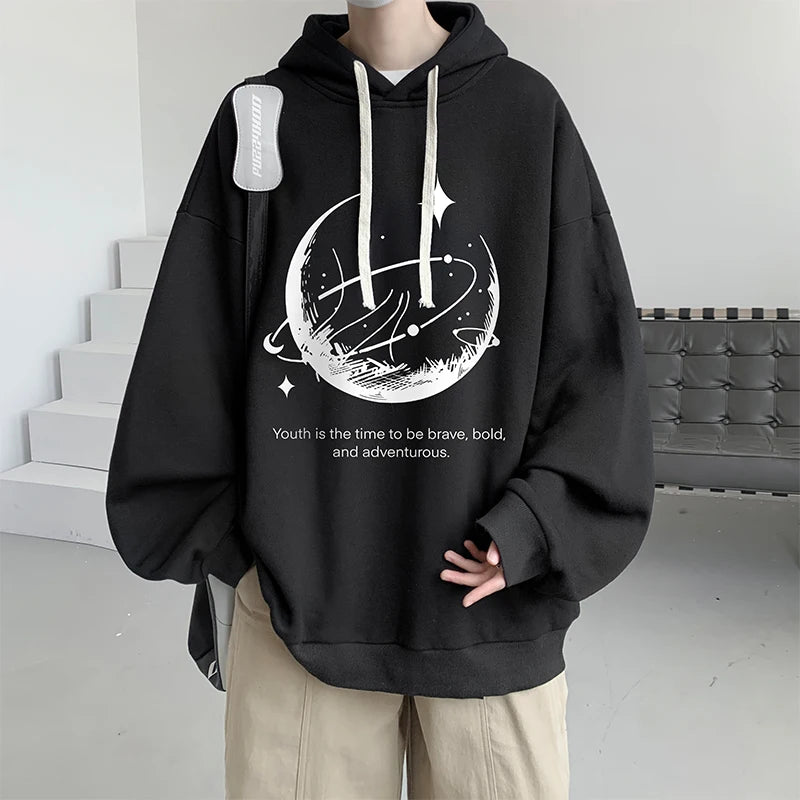 Funny Men's Oversized Hoodie Black 5XL Hoodies with Hat Oversize for Men Moon Print Man Casual Wear Hoody Male Sweatshirt