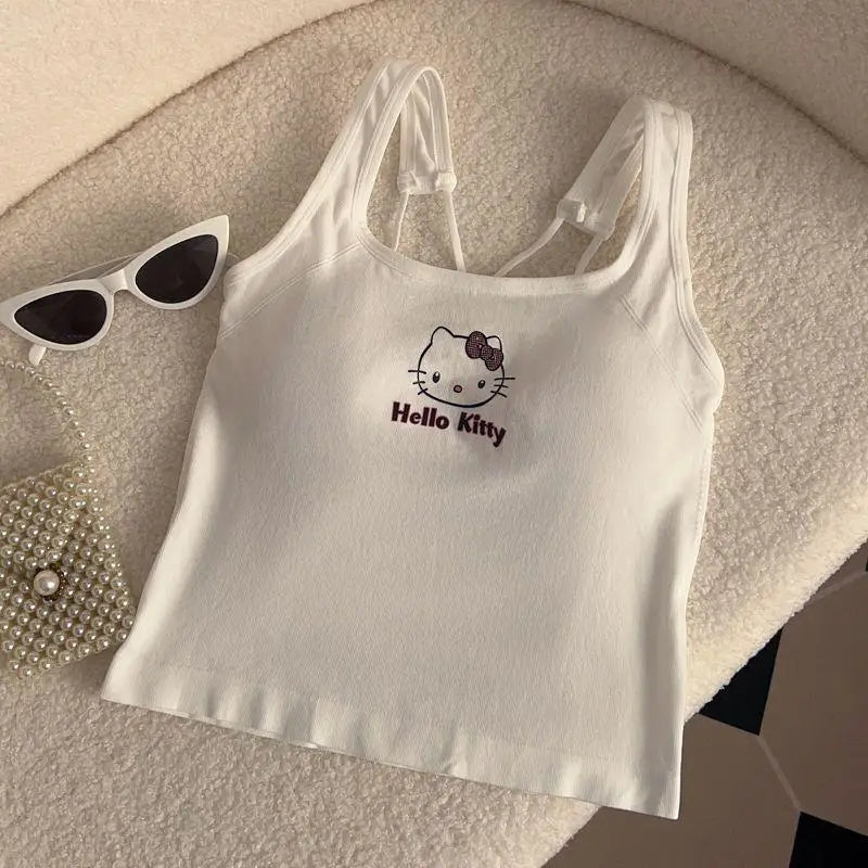 Kawaii Hellokitty Fashion Women Clothing Y2K Tops with Breast Pad Cute T-Shirt Girls Summer Cropped Tops White Sexy Suspender