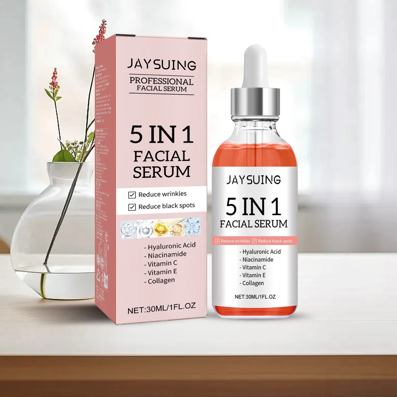 5 In 1 Face Serum Hyaluronic Acid Moisturizing Whitening Anti Wrinkle Aging Vitamin C Fade spots Shrink Pores Skin Care 30ml