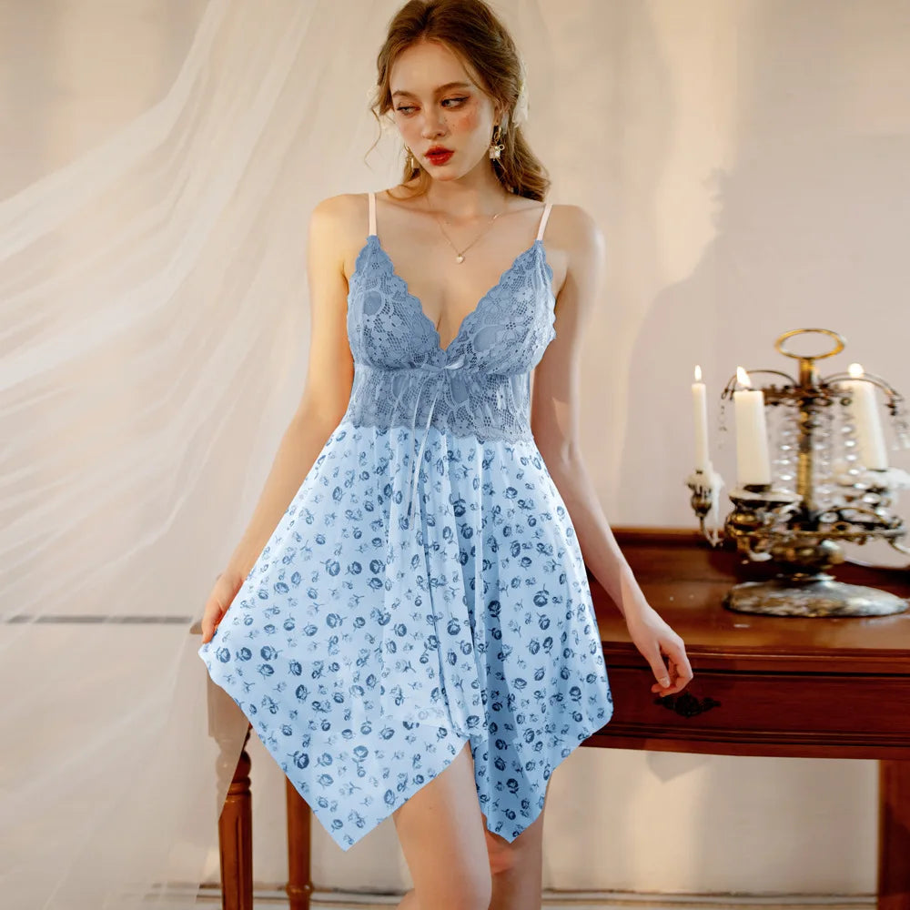 Sexy Lace Mesh Flower Print Dress Backless Deep V Suspenders Sleeveless Dress Pure Desire Charming Elegant Casual Beautiful B7VZ