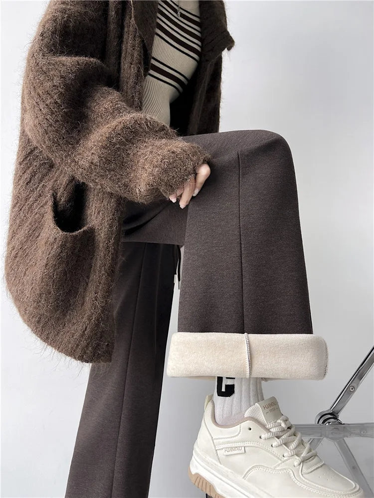 Streamgirl Thick Warm Straight Pants For Women Office Brown Wide Leg Trousers High Waist Women's Loose Pants For Ladies Spring