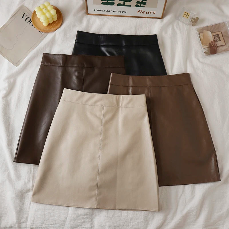 Faux Leather Mini Skirt for Women High Rise A-line PU Short Skirt with Built-in Shorts Black Brown Autumn Winter Trend Outfit