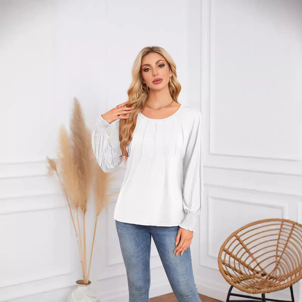 Woman Clothes Solid Color Pleated Top Round Neck Lantern Sleeves Loose Fit Multi Color Options Casual Outings Daily Wear