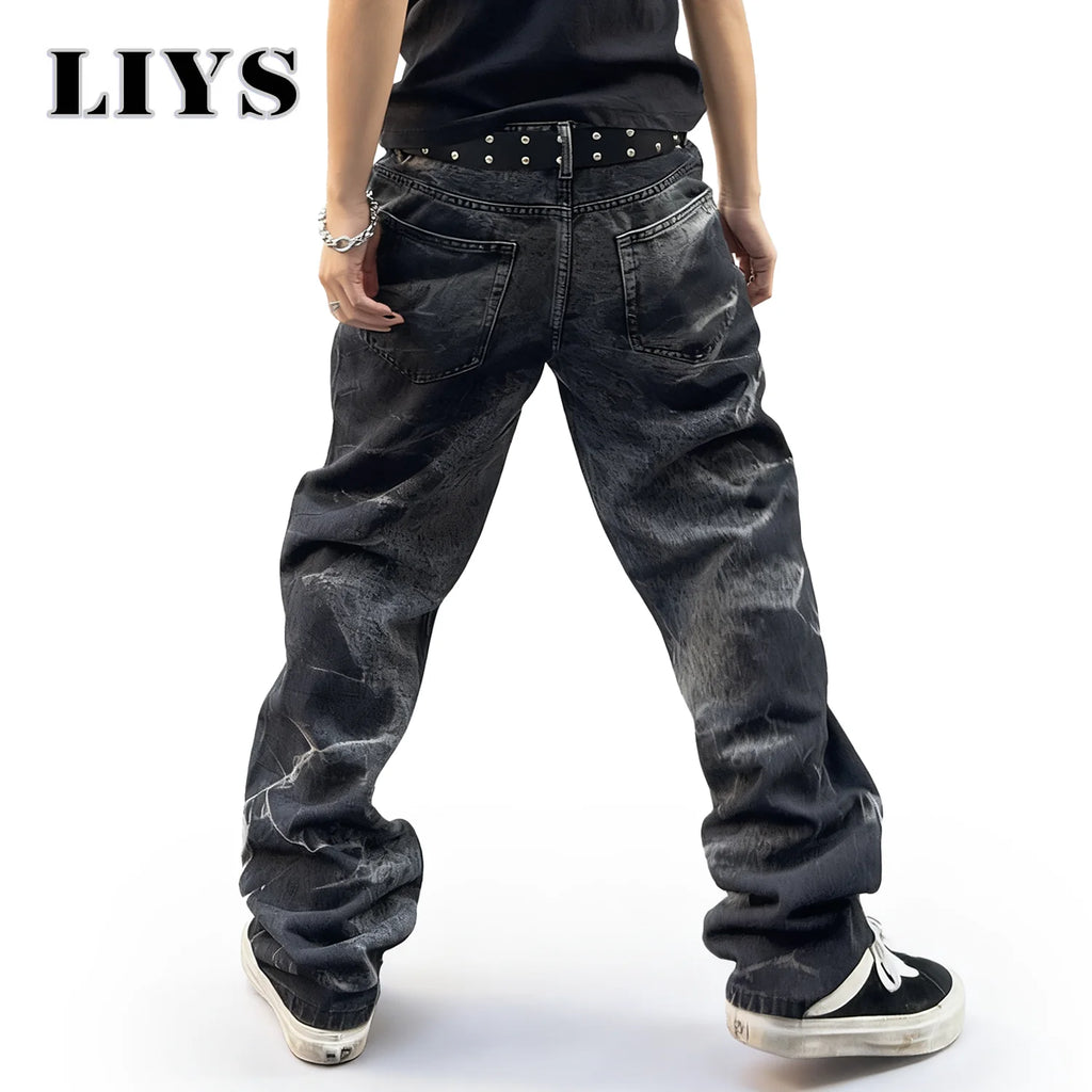 Autumn Men's Black Personalized Straight Leg Retro Jeans American Street Splashed Ink Loose Unisex Denim Pants Trendy Trousers