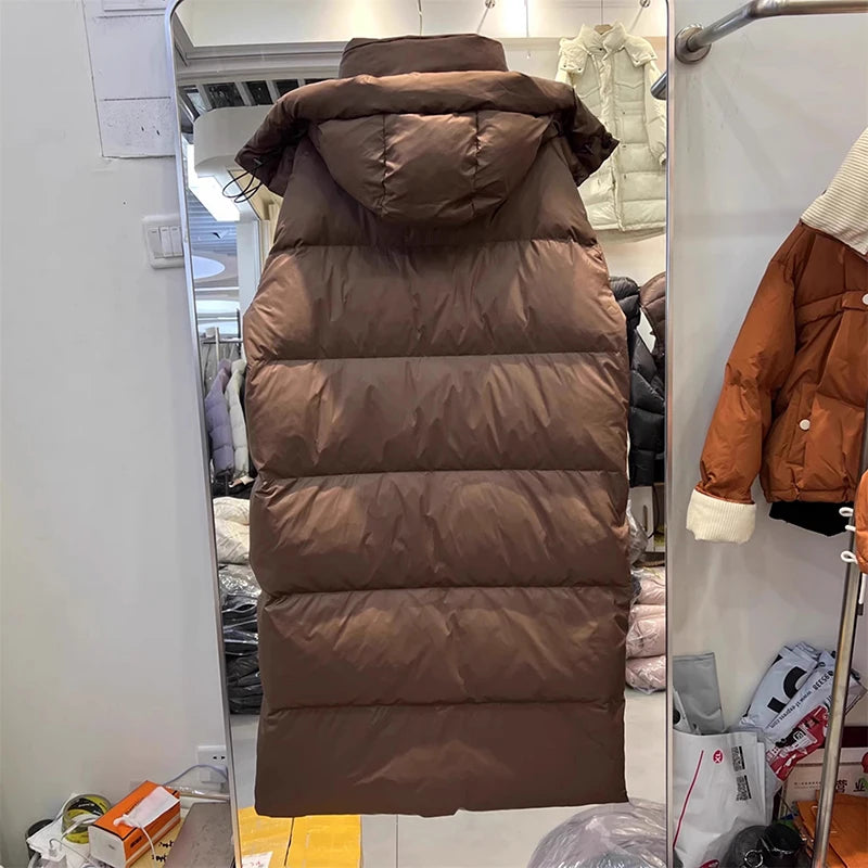 Winter Thick Long Hooded Down Jacket Female Solid Warm Outdoor Parkas Outwears Women White Duck Down Knee Length Down Jackets