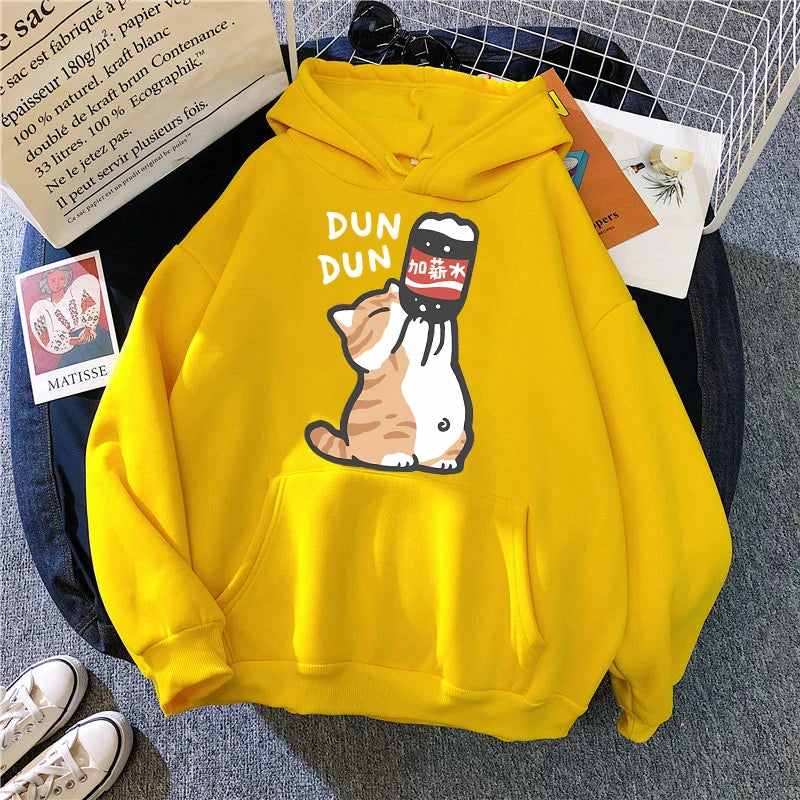 Cat Drinking Beverages Print Sweatshirts Clothes Women Casual 90s Kangaroo Pocket Hoodies Unisex Fashion Funny Hooded Pullovers