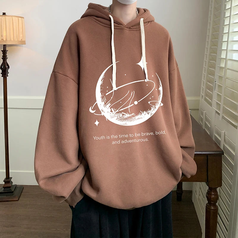 Funny Men's Oversized Hoodie Black 5XL Hoodies with Hat Oversize for Men Moon Print Man Casual Wear Hoody Male Sweatshirt