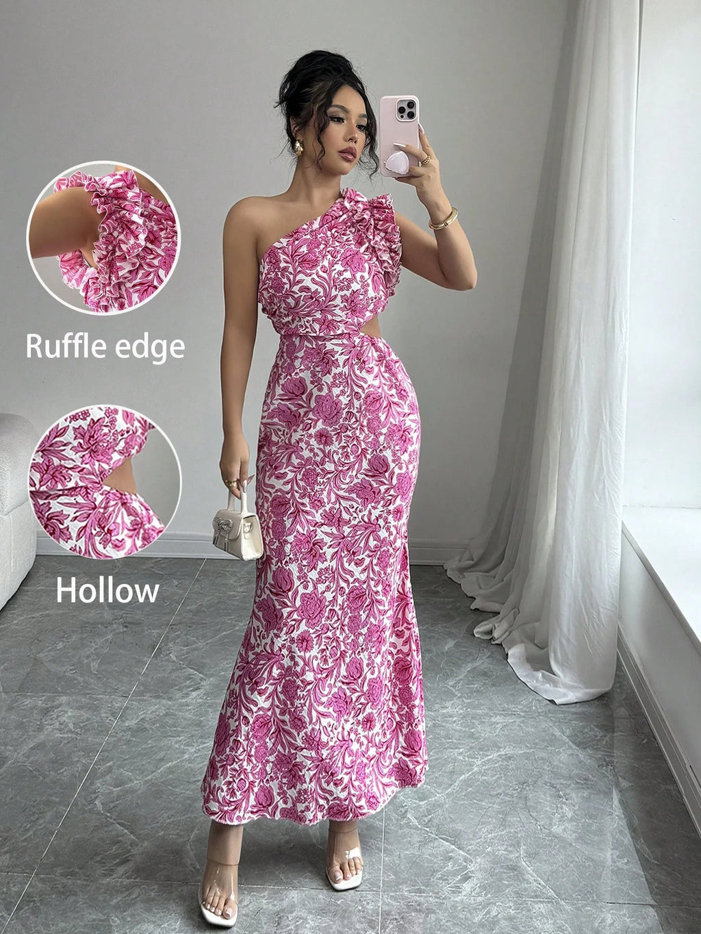 A sexy flower-patterned off-the-shoulder dress with lace sleeves and a cutout design at the waist