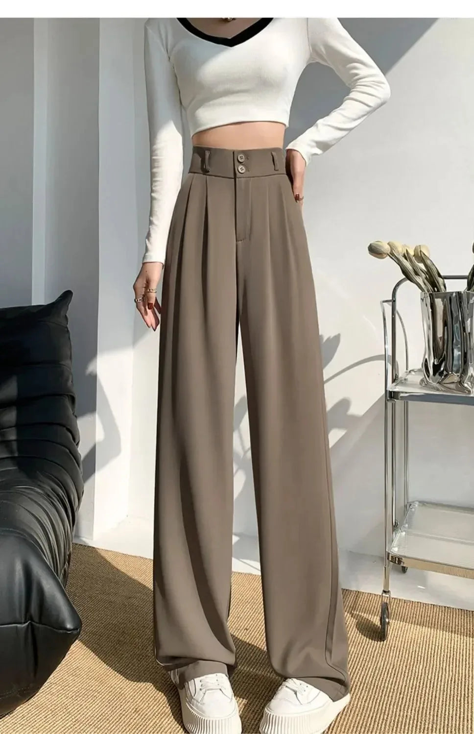 Korean style high waisted black loose pants for office ladies, fashionable loose suit pants for street wear, straight leg pants