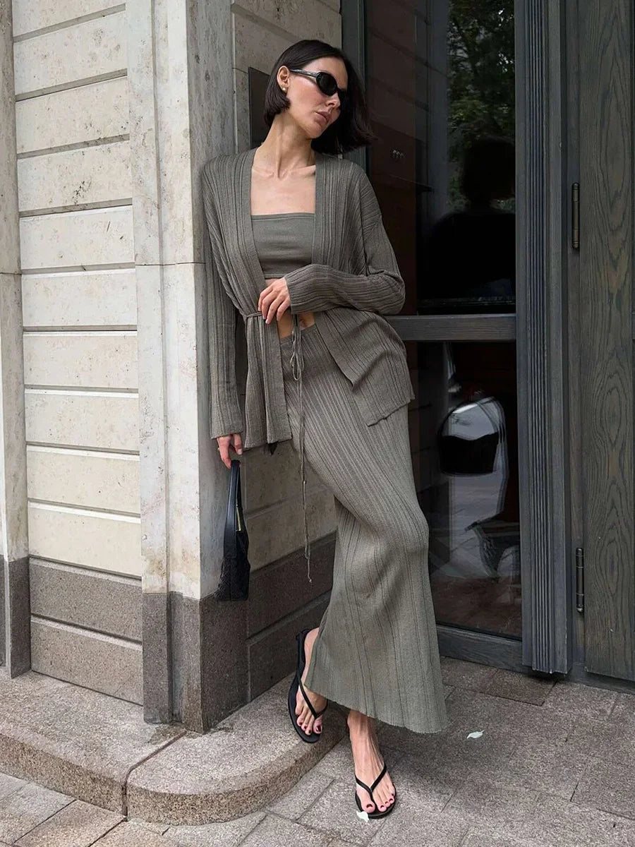 Vest Sweater 3-piece SetWomen's Minimalist Autumn Winter Knit Set Cardigan Camisole Skirt Loose Design Solid Color