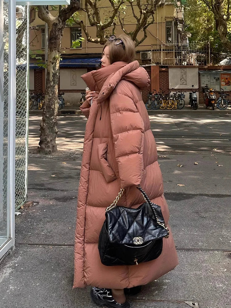 Winter Thick Long Hooded Down Jacket Female Solid Warm Outdoor Parkas Outwears Women White Duck Down Knee Length Down Jackets