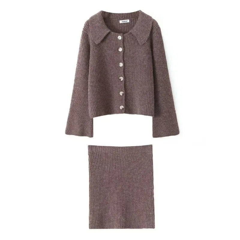 Tuularose 2 Piece Knit Dress Sets Casual Lapel Button Cardigan Sweater Slim Knit Skirt Set Loose Elegant Vintage Women Skirt Set