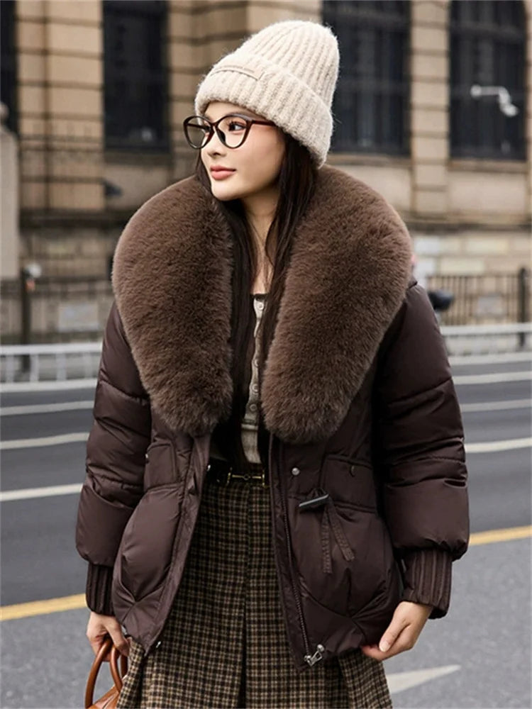 2025 Fashion Big Fur Collar Down Cotton-padded Jacket Women's Short Parkas Winter Streetwear Outerwear Lady Thicken Loose Coats