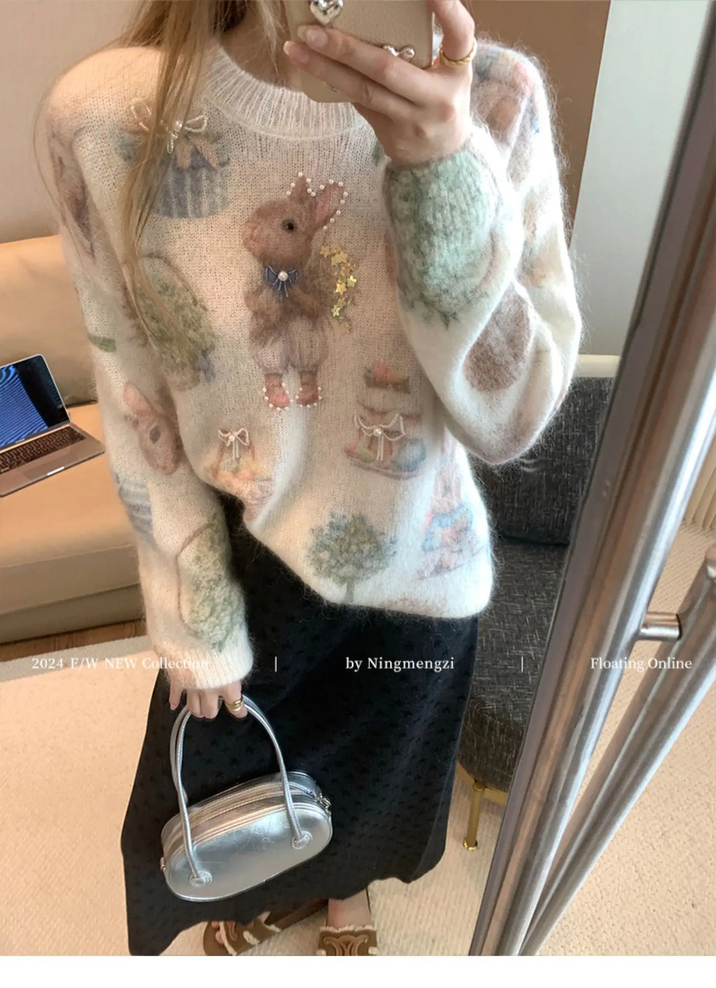 Fashion Rabbit Printed Beaded Sweater Women's Autumn Winter New Soft Glutinous Design Sense Knitted Top Luxury Sequin Sweaters