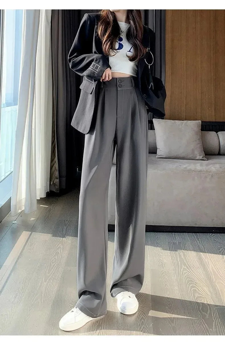 Korean style high waisted black loose pants for office ladies, fashionable loose suit pants for street wear, straight leg pants