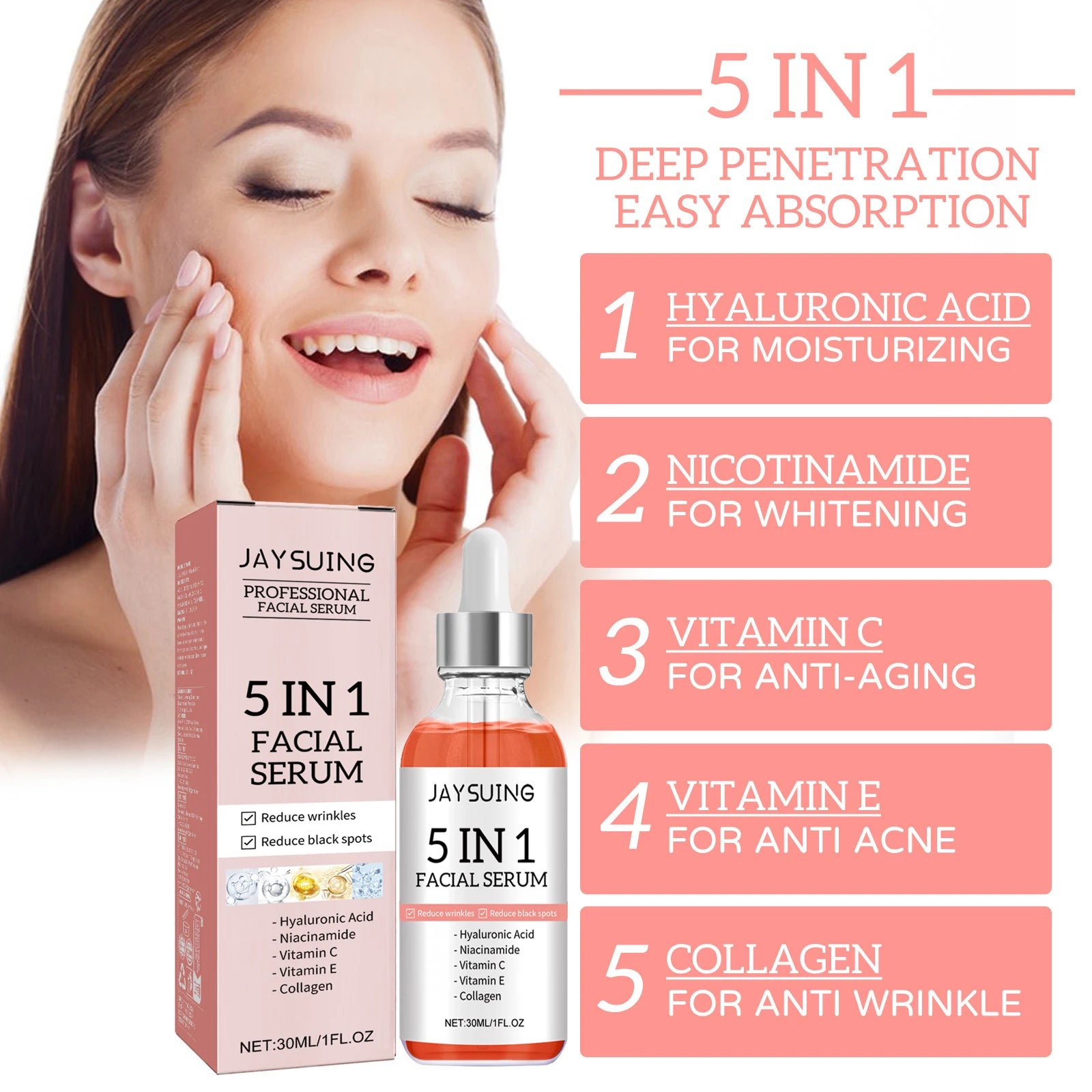 5 In 1 Face Serum Hyaluronic Acid Moisturizing Whitening Anti Wrinkle Aging Vitamin C Fade spots Shrink Pores Skin Care 30ml
