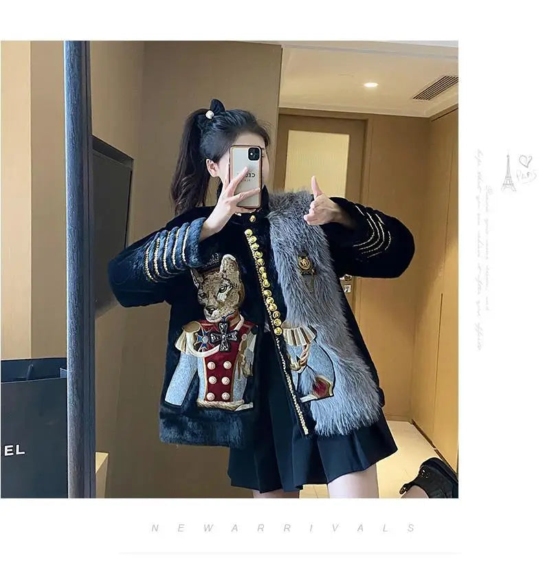 Chic Cartoon Embroidery Faux Mink Fur Faux Leather Spliced Coat Retro Metal Buttons Velvet Jacket OL Furry Cardigan Tops Jaqueta