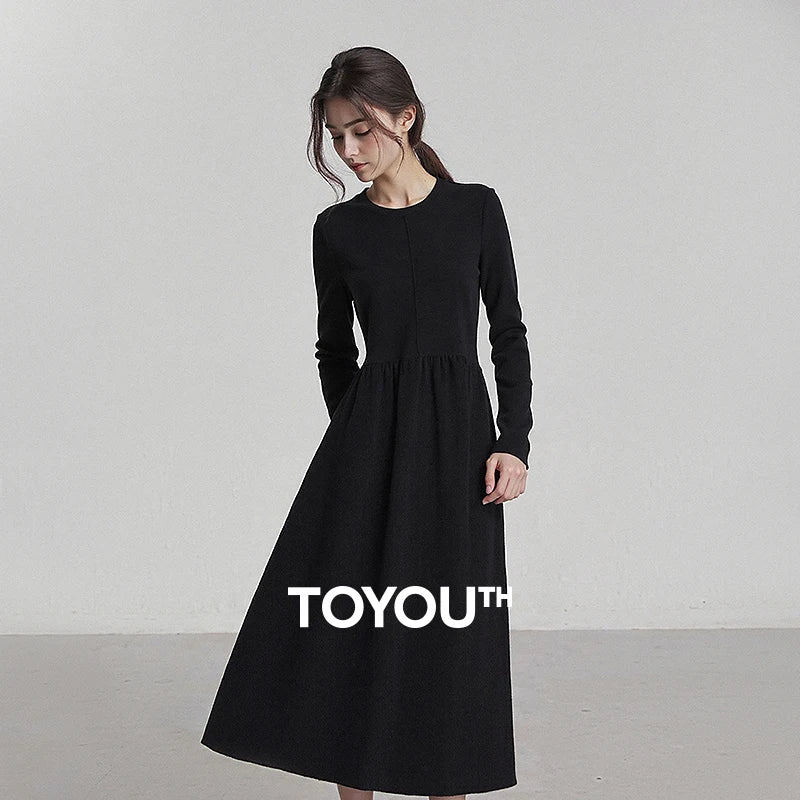 TOYOUTH Women Dresses 2025 Winter New Little Black Dress Spliced Crew-neck Minimalist Base Dresses