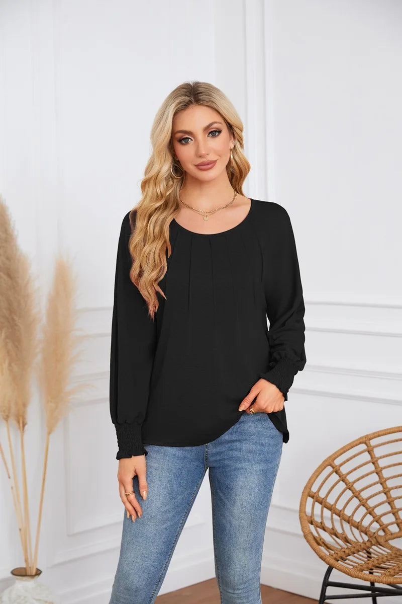 Woman Clothes Solid Color Pleated Top Round Neck Lantern Sleeves Loose Fit Multi Color Options Casual Outings Daily Wear