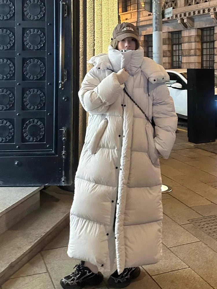 Winter Thick Long Hooded Down Jacket Female Solid Warm Outdoor Parkas Outwears Women White Duck Down Knee Length Down Jackets