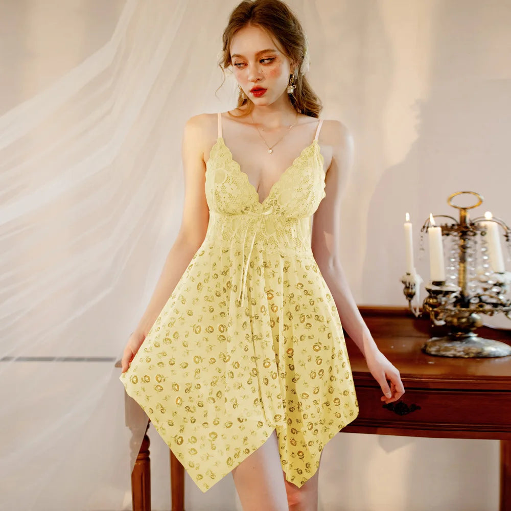 Sexy Lace Mesh Flower Print Dress Backless Deep V Suspenders Sleeveless Dress Pure Desire Charming Elegant Casual Beautiful B7VZ