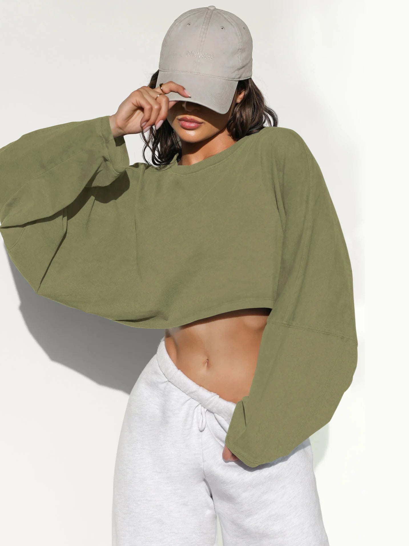 Crop neck hoodie short sports base shirt T-shirt knit shirt long sleeve top for women