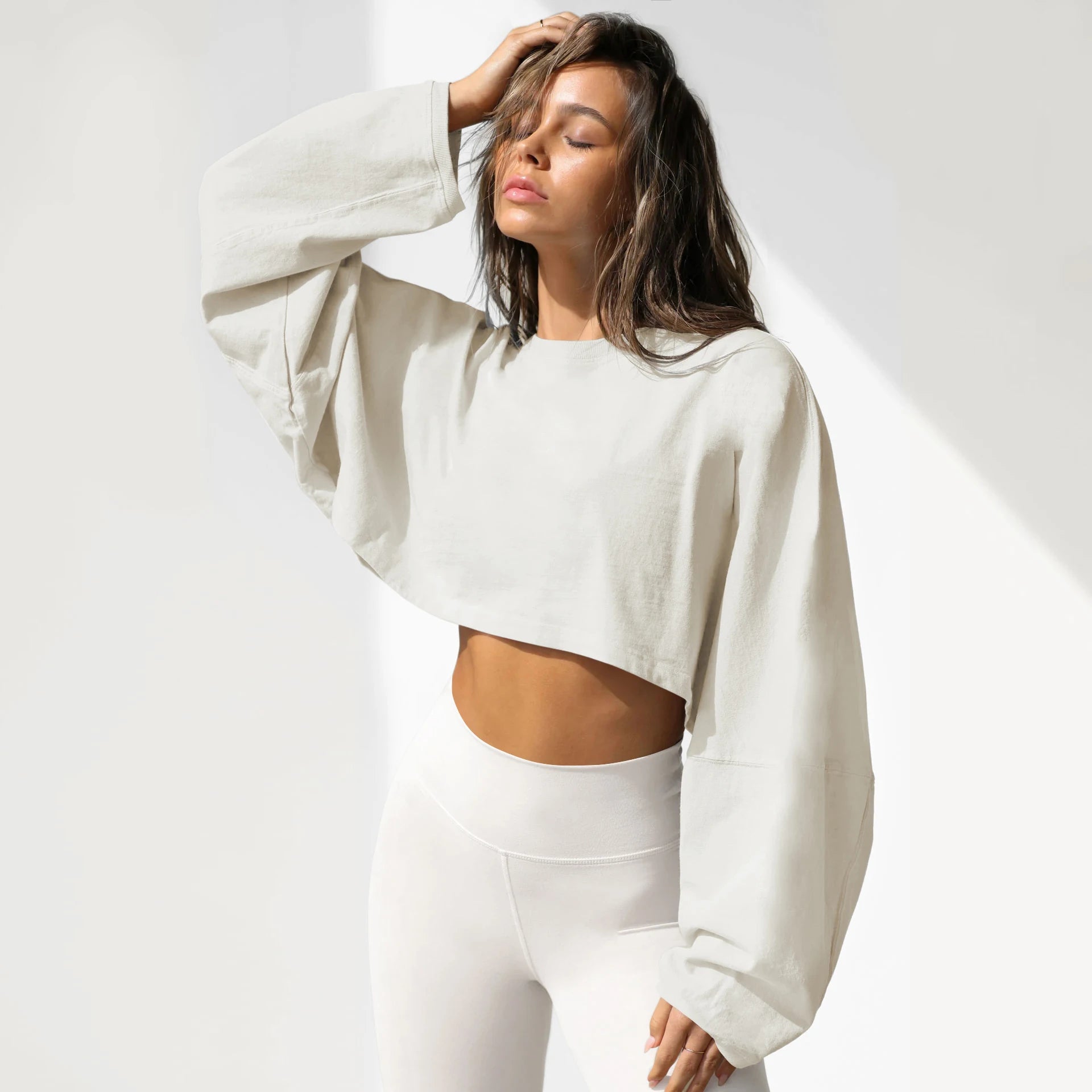 Crop neck hoodie short sports base shirt T-shirt knit shirt long sleeve top for women