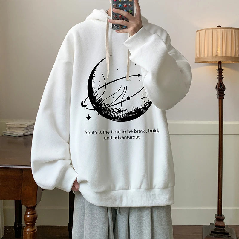 Funny Men's Oversized Hoodie Black 5XL Hoodies with Hat Oversize for Men Moon Print Man Casual Wear Hoody Male Sweatshirt
