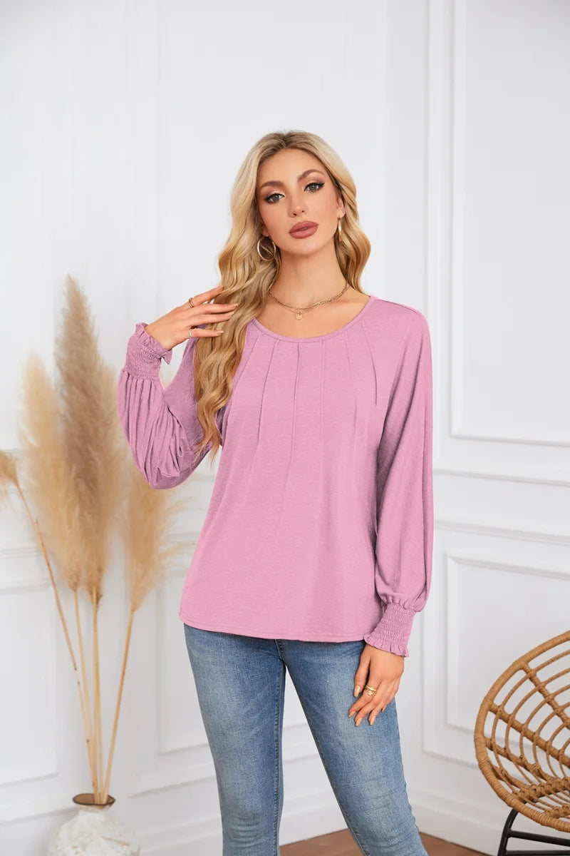 Woman Clothes Solid Color Pleated Top Round Neck Lantern Sleeves Loose Fit Multi Color Options Casual Outings Daily Wear
