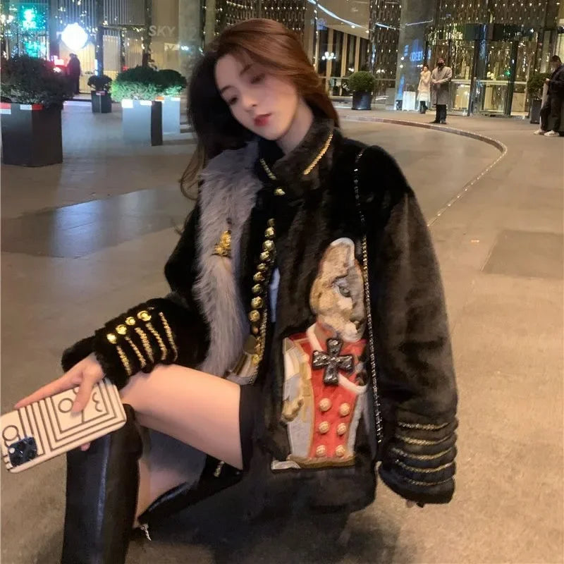 Chic Cartoon Embroidery Faux Mink Fur Faux Leather Spliced Coat Retro Metal Buttons Velvet Jacket OL Furry Cardigan Tops Jaqueta
