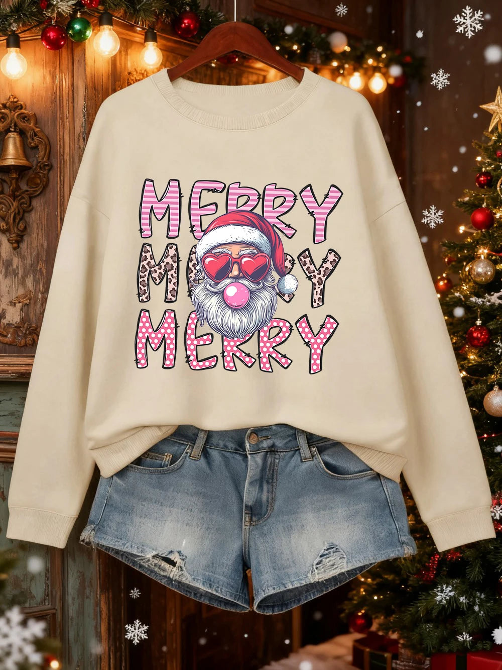 Merry Christmas Santa Claus Printed Sweatshirts Women Loose Casual Hoodies Fleece Warm Crewneck Pullover Winter Soft Clothes