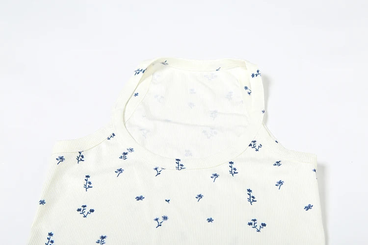 Weird Puss Casual Ribbed 2 Piece Set Women Flower Print Squard Collar Tops+Straight Pants Matching Daily Simple Elegant Suits