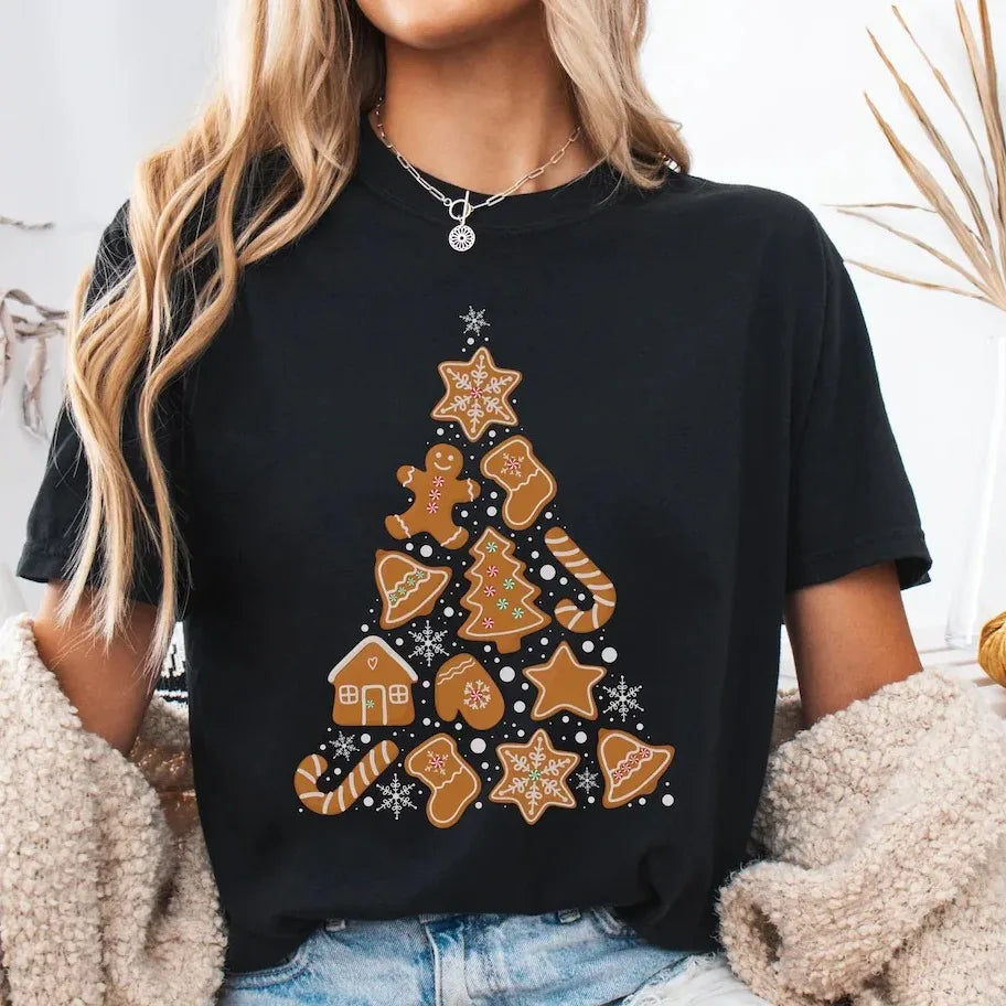 Christmas Gingerbread Shirt Short Sleeve Round Neck Casual Top Washable Holiday Party Tee for Women, Gnome Gift