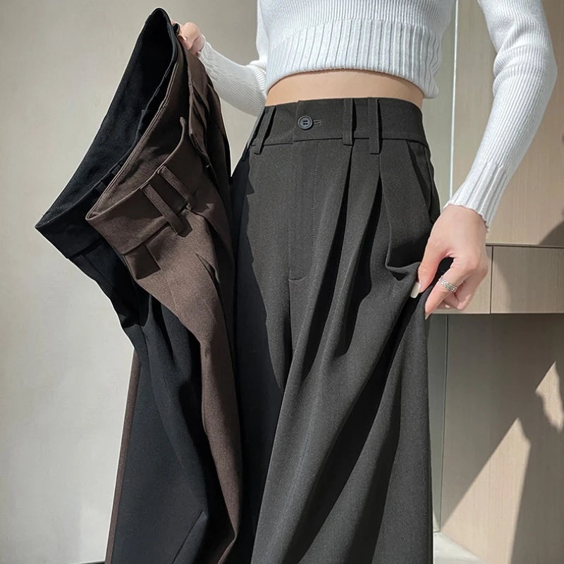 High Waist Autumn Winter Vintage Button Women's Wide Leg Pants 2025 New Loose Solid Korean Straight Full Length Trousers Female