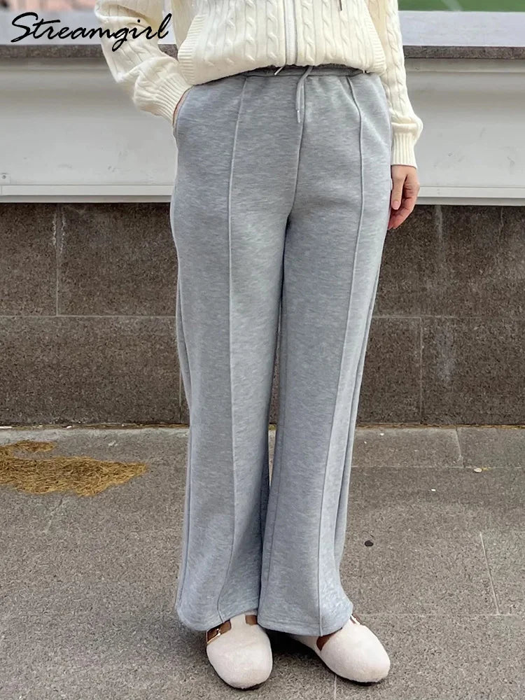 Streamgirl Thick Warm Straight Pants For Women Office Brown Wide Leg Trousers High Waist Women's Loose Pants For Ladies Spring