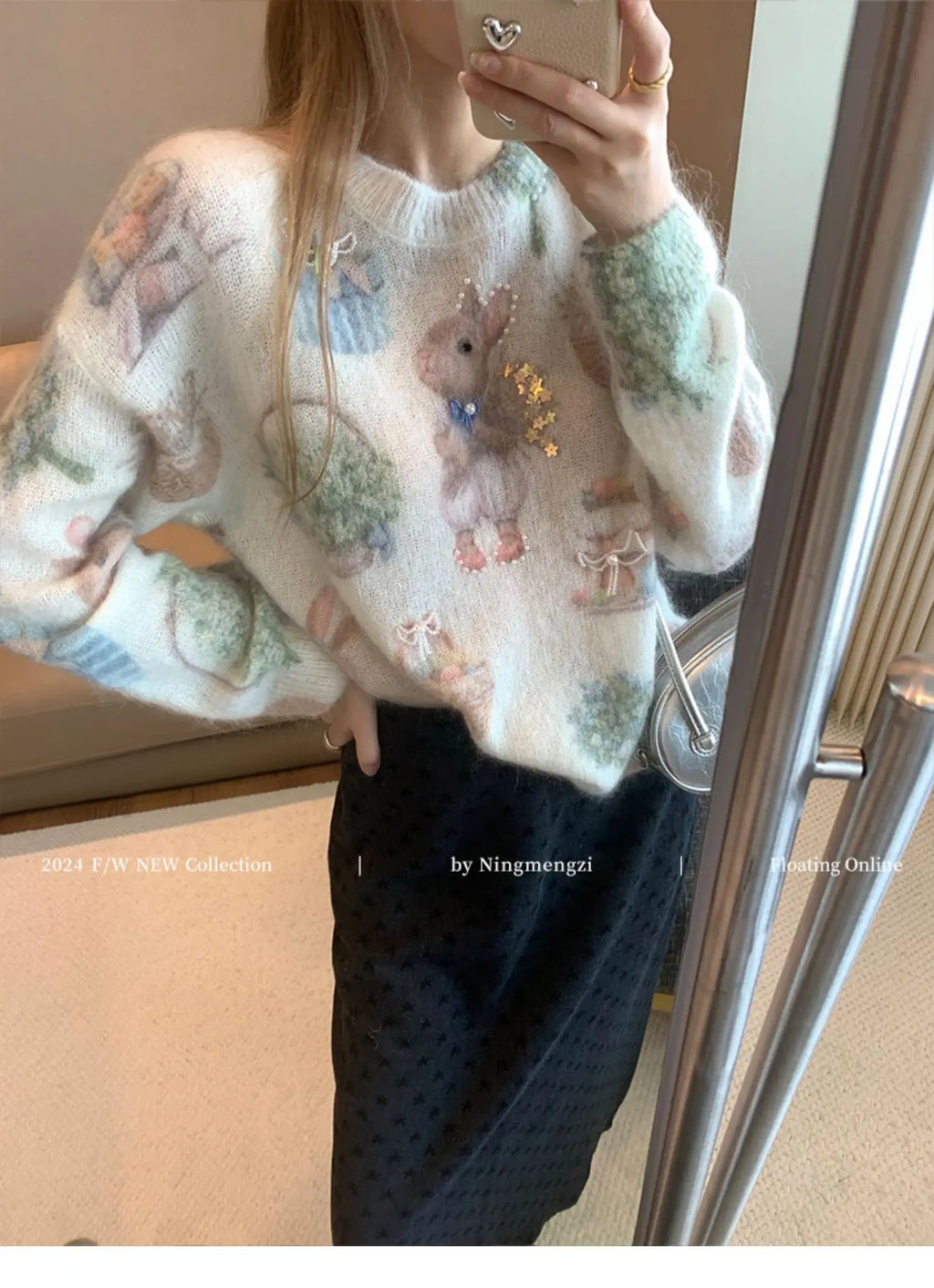 Fashion Rabbit Printed Beaded Sweater Women's Autumn Winter New Soft Glutinous Design Sense Knitted Top Luxury Sequin Sweaters