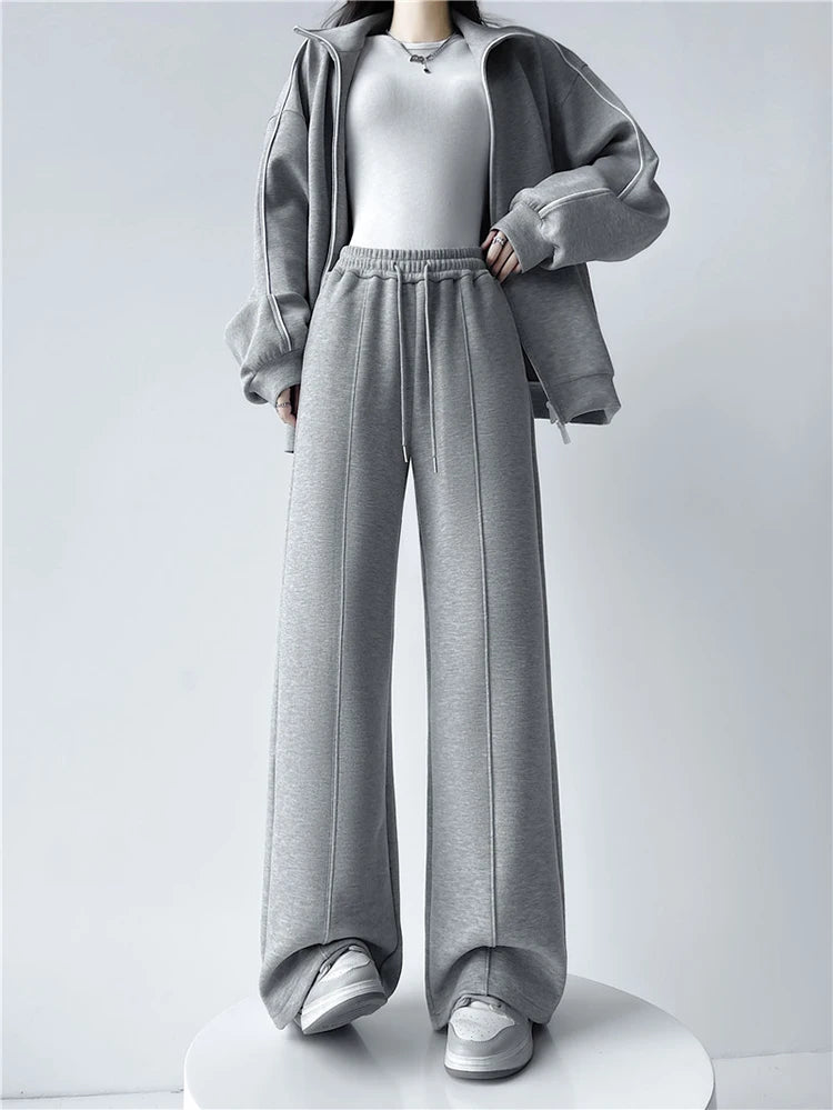 Streamgirl Thick Warm Straight Pants For Women Office Brown Wide Leg Trousers High Waist Women's Loose Pants For Ladies Spring