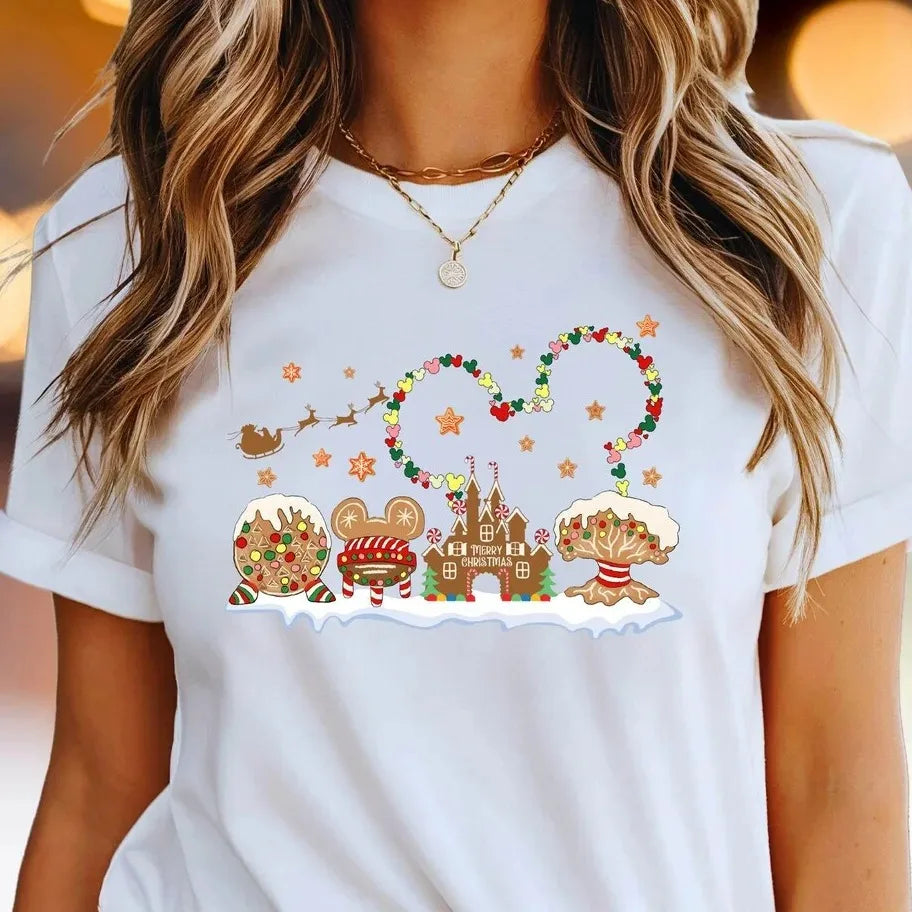 Christmas Gingerbread Shirt Short Sleeve Round Neck Casual Top Washable Holiday Party Tee for Women, Gnome Gift